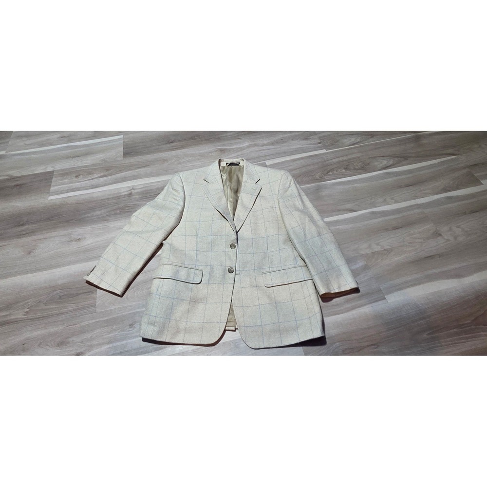Haspel Blazer Sport Coat Mens 42R Cream Blue Windowpane Plaid 2 Button Jacket L